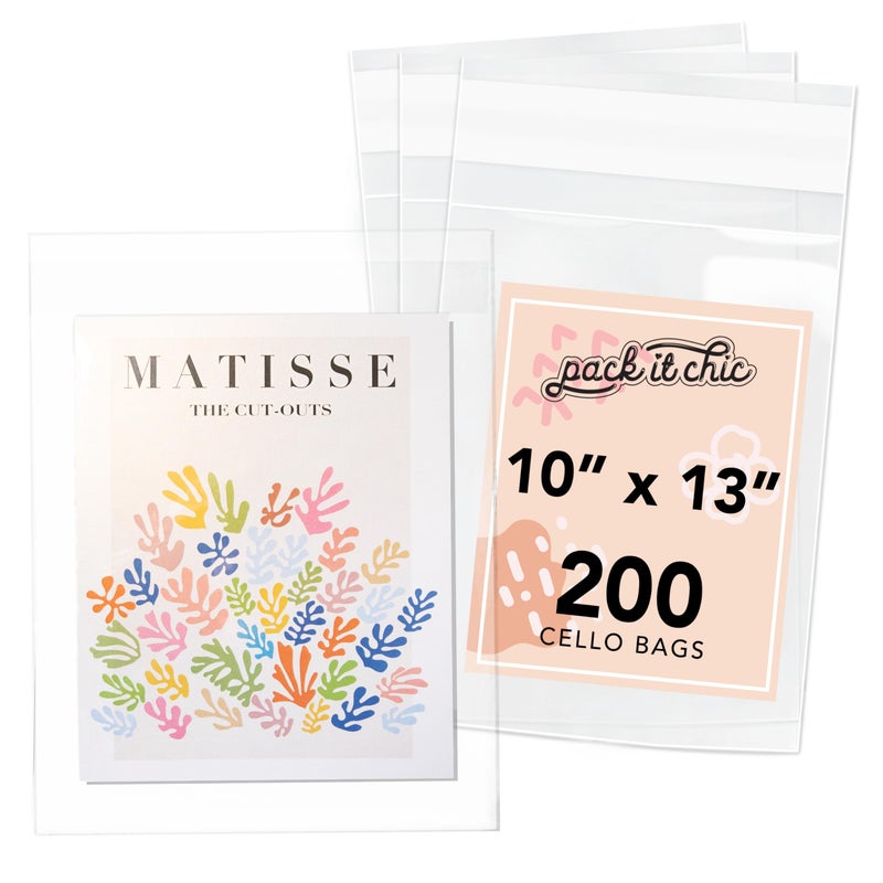 Pack It Chic 10 X 13 200 Pack Clear Resealable Cello Bags Fits 10X13 Prints Photos Documents Self Seal